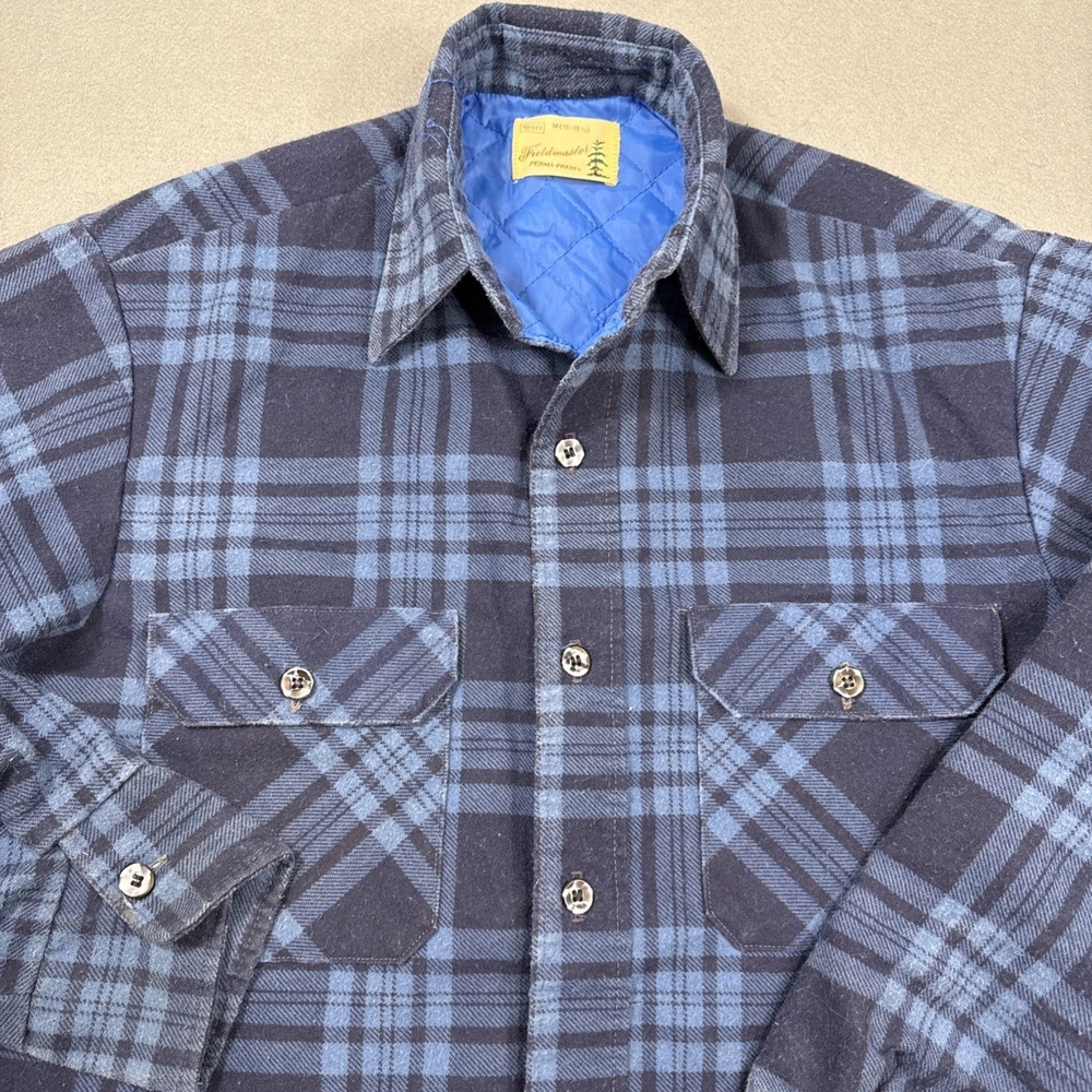 FLANNEL Fieldmaster Jacket Mens MED Blue Black Plaid Quilted 70s VINTAGE SEARS